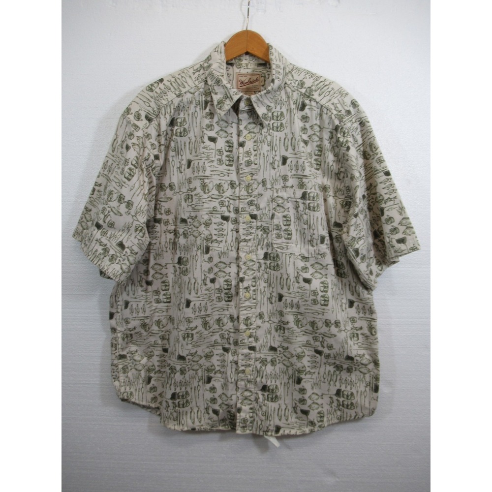 Vintage Woolrich Fishing Lure Print Button Up Shirt Men XL Short Sleeve Cotton